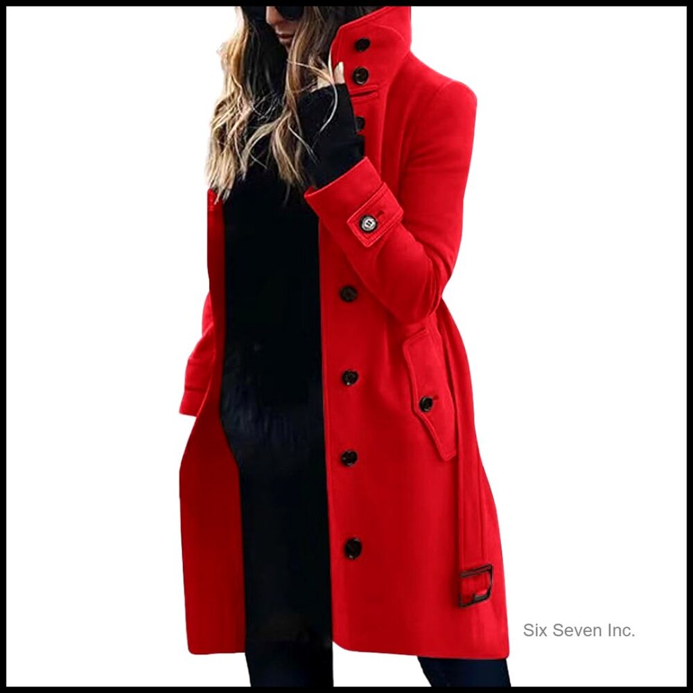 Women's Wool Polyester Pea Coat Single Breasted Stand Collar Midi Long
